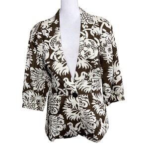 3 Sisters Blazer Women Small Brown Cream Floral Damask 3/4 Sleeve Single Button